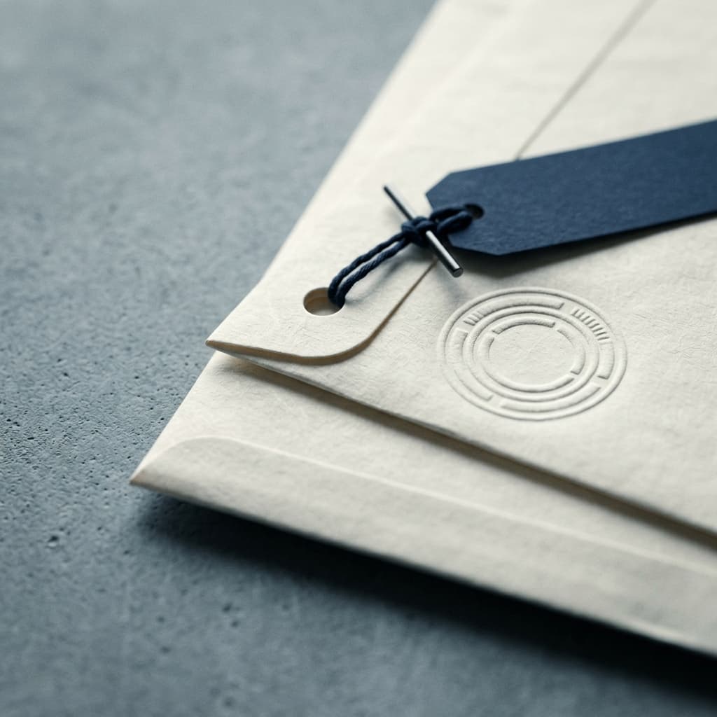 Compliance dossier: a document wallet with a blind-embossed conformity mark and a navy treasury tag, in cool raking light