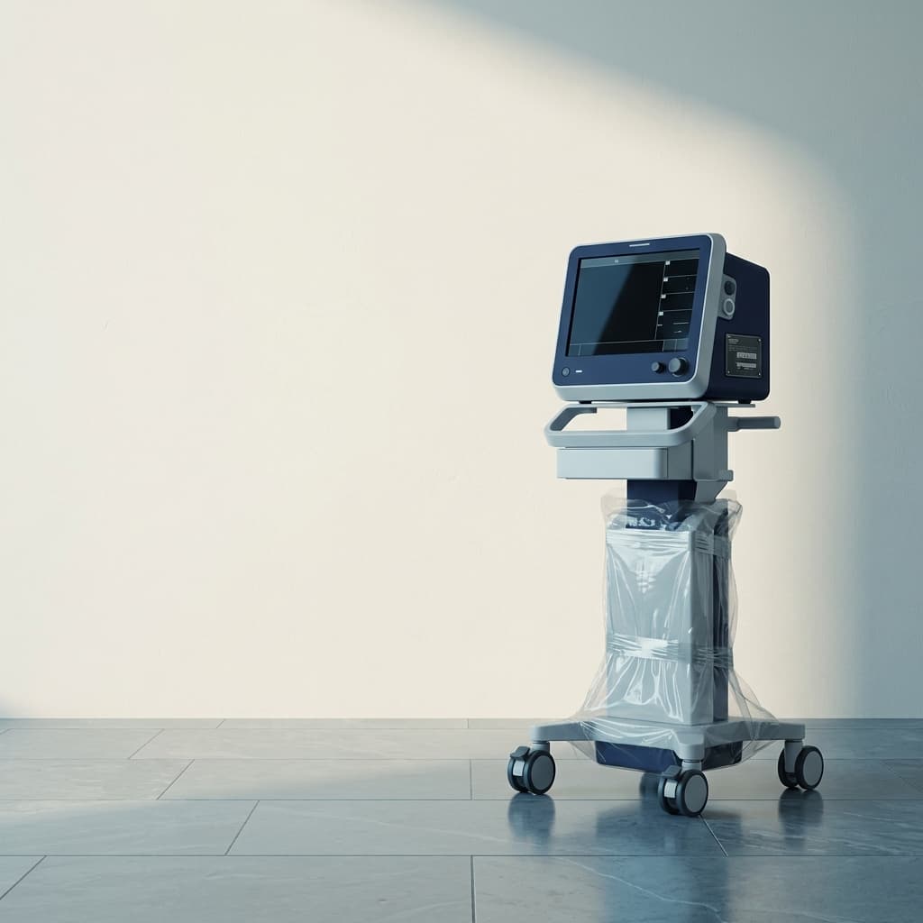 Patient monitor, factory-sealed in shipping wrap, under cool studio light