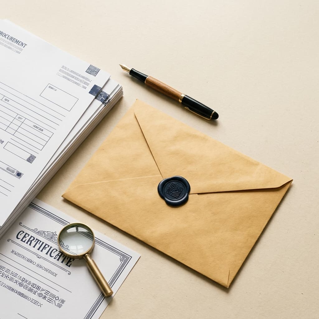 Procurement documentation pack: a clipped stack of export documents on a cool surface