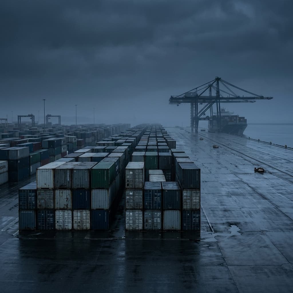 Container shipping terminal at first light under overcast sky: stacked freight containers, a ship-to-shore gantry crane, and a moored vessel